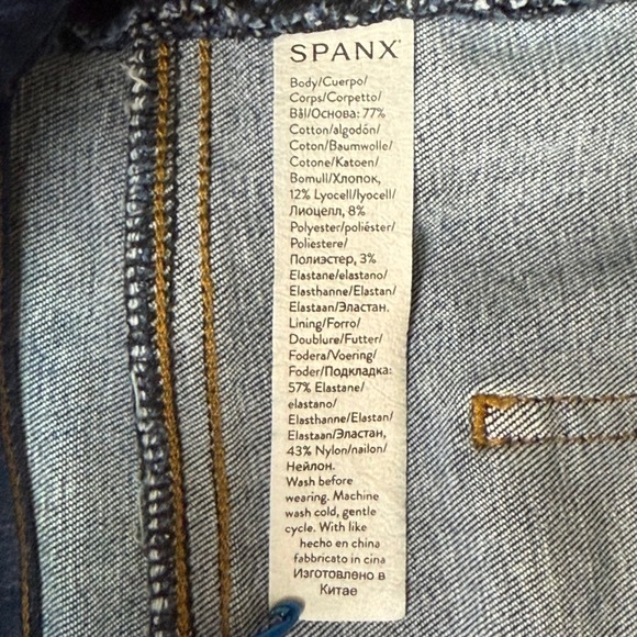 SPANX Jeans Womens 1XP Petite Blue Pull On Jeggings Distressed Dark Wash Frayed - Picture 12 of 15